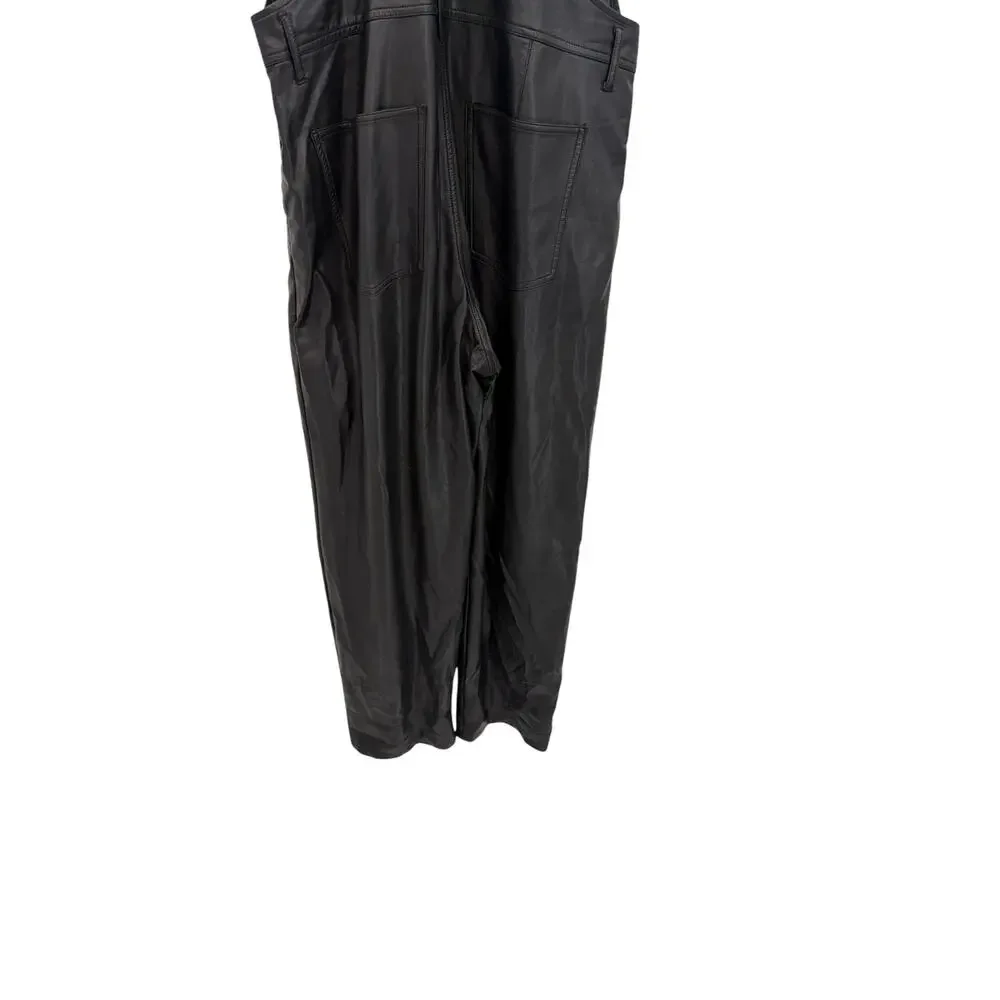 Free People Ziggy Faux Leather‎ Overalls Black Utility Jumpsuit Size Large